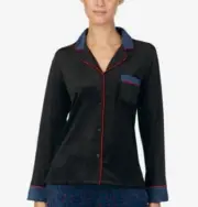 DKNY Women's Notch-Collar Button-Front Soft Velour Pajama Top, Black, Small S