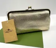 Patricia Nash POTENAZ Frame Leather Clutch Metallic Gold Python Chain Strap NWT