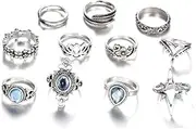 [Generic] 11 Pcs Bohemian Stackable Joint Knuckle Ring Set Carved Flower Leaf Gemstone Midi Ring Vintage Finger Rings for Women