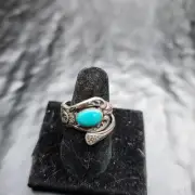 Sterling Silver Turquoise Spoon Ring, Unique Adjustable Band, Size 6