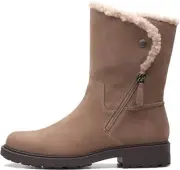Clarks Women's 9.5 W Opal Zip Mid Calf Boot Pebble Suede Fur Lined NEW