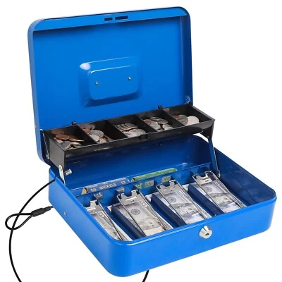 Cash Box with Key Lock，Durable Metal Cash Box with Money Tray，Lock Box Safe S...