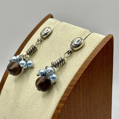 Brighton Zen Garden Earrings Drop Dangle Beads Silver Blue Pearl Wood Boho