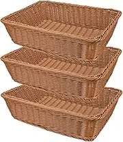 Yarlung 3 Pack Imitation Rattan Woven Bread Baskets, 11.8 Inch Poly Wicker Fruit Baskets for Food Serving, Display, Vegetables, Home Kitchen, Restaurant, Outdoor, Brown Rectangular