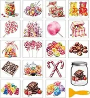 GLOBLELAND 18 Sheets Dream Candy Rub on Transfers Chocolates Waterproof UV DTF Cup Wraps Decals 3.9x3.6inch Sugar Beans Lollipops Transfer Stickers for Water Cup Glass Bottle Vase Crafts