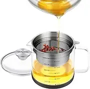 VLIVXAL Bacon Grease Glass with Strainer for Used Cooking Oil Filter, Oil Strainer Pot for Kitchen, Soy Milk Filter Strainer and All purpose Strainer (33oz/1L)