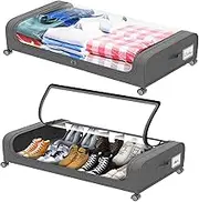 2 Pack Under Bed Storage with Wheels, Under Bed Shoe Storage Organizer with Clear Lid, Handles & Label, 37L Large Capacity Rolling Under Bed Storage Containers for Clothes Toys Shoes Blankets (Grey)