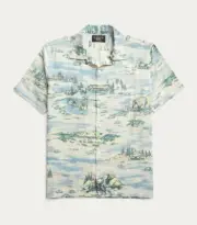New RRL Ralph Lauren Western Cotton Linen Blend Print Camp Shirt Men's Small S