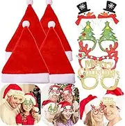 JeVenis 8PCS Christmas Hat & Glasses Santa Claus Cap Christmas Photo Booth Props Party Supplies