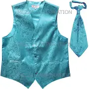 New Men's Polyester Paisley Tuxedo Vest Ascot Cravat prom party Turquoise blue