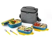 Lille Home 3-Tier Stainless Steel Bento Lunch Box, 82oz Leakproof Lunch Container with 5 Compartments for Adults & Kids, Stackable Tiffin Lunchbox with Lunch Bag, Fork and Spoon (Blue)