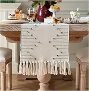 Boho Table Runner 13 x 108 Inch Long Natural Cotton Woven Runner with Tassels for Home Dining Table décor, for Modern Farmhouse Decor Coffee Table Runner, Green and Beige