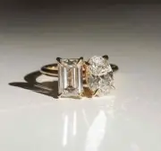Emerald & Oval Cut 4TCW Moissanite Toi Et Moi Solitaire Ring In 10K Yellow Gold
