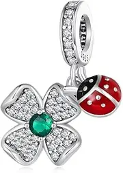 [Teleye] Lucky Four-Leaf Clover Ladybug Pendant Charm 925 Sterling Silver Charm Fits For Pandora Bracelet Necklace, Cubic Zirconia, Created Cubic Zirconia