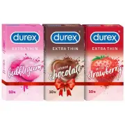 Durex Extra Thin Condoms, 10s, Pack of 3 (Bubblegum + Chocolate + Strawberry)