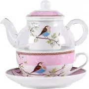 Tea for One Set, Glass Teapot with Porcelain Infuser Strainer and Cup & Saucer-