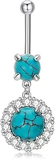 [Reaii] Natural Turquoise Belly Button Ring for Women 14G 925 Sterling Silver Genuine Turquoise Dangle Belly Button Ring Navel Piercing Jewelry Gifts, Sterling Silver, cubic zirconia