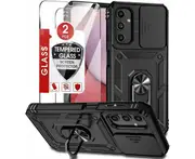 Ezydigitals Case For Samsung Galaxy A16 5G Heavy Duty Case Metal Ring Kickstand Cover Case Free 2Pcs Screen Protectors - Black