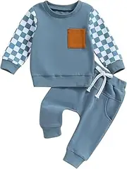 [KtwHarnu] Toddler Baby Boy Fall Winter Outfits Checkerboard Plaid Crewneck Sweatshirt Elastic Waist Pants Set 2Pcs Clothes