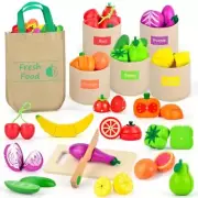 Wooden Play Food Set Color Sorting Toys, Pretend Food for Play Kitchen Access...