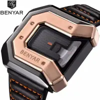 在飛比找Yahoo!奇摩拍賣優惠-【潮裡潮氣】賓雅BENYAR時尚男士手錶高檔方形皮帶創意手錶
