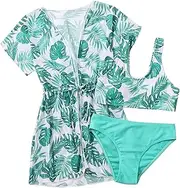[ESORNUG] Girls' Bikini Set Beach Summer Swimwear Bikini Set UPF UV Sun Protection Swimwear Set Swimsuits 3 Pieces Swimsuit, Green Leaf, 6-8 Years