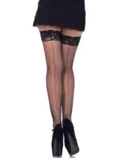 Black Fishnet Thigh High Stockings with Lace Top and Backseam