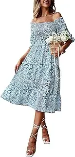 [Arach&Cloz] Women's Summer Off Shoulder Smocked Midi Dress Casual Ruffle Tiered Floral Beach Sundress
