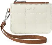 [CLUCI] Small Quilted Coin Purse Leather RFID Blocking Card Holder Slim Wristlet Wallets for Women Zipper Pocket, Beige with Brown
