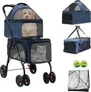MKSY Double pet Stroller with Two Detachable pet Carriers， 4 Lockable Wheels ，Folding Dog Stroller for Small Medium Dogs Cats，Blue