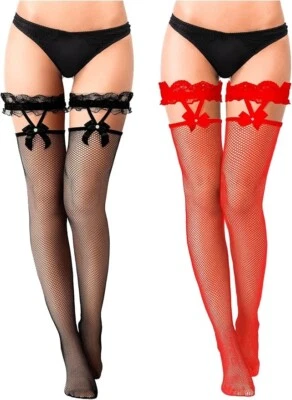 SATINIOR 2 Pairs Lace Top Fishnet Stockings Bow Suspenders Thigh High Hold Ups