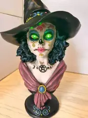 Halloween Day of the Dead Witch in Hat with Green Light Up Eyes 13.5" Tall Resin