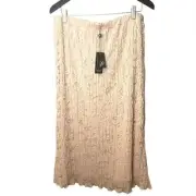 Adrianna Papell Lace Champagne Pink Pleated Midi Skirt Demure Romantic SZ L NWT