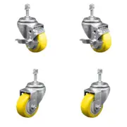 3 Inch SS Yellow Poly Swivel 3/8 Inch Threaded Stem Caster Set 2 Brake SCC