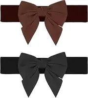 [Elerevyo] Women's 2Pcs Elastic Wide Belt Dress Bowknot Waistband Decoration Fashion Versatile Belts Black+Coffee 70x5.8cm/27.6x2.3"
