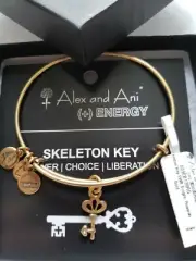 Retired Alex & Ani Skeleton Key Gold Tone Bracelet New with Tags Card & Box