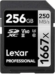 Lexar Professional 1667x SD Card 256GB, SDXC UHS-II Memory Card, Up to 250MB/s Read, 120MB/s Write, Class 10, U3, V60 SD for Professional Photographer, Videographer, Enthusiast (LSD256CB1667)