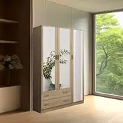 [Luxsuite] Mirrored Wardrobe Cabinet Armoire Closet Bedroom Clothes Storage Organiser Drawers Full Length Mirrors Wooden Furniture Hanging Rails 110x50x180cm Oak