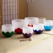 7"-12" Chakra Lotus Set of 7 Notes CDEFGAB Frosted Quartz Crystal Singing Bowls