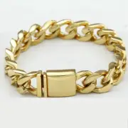 Men's 8.5" Stainless Steel 15mm Cuban-Curb Buckle Bracelet,Gold plated,Box