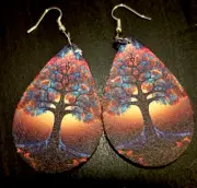 Tree of Life Teardrop Earrings Wood Double Sided Fashion Jewelry Beauty 2 Inches