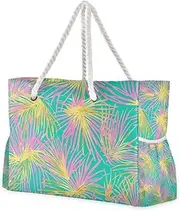 [Yoogain] Tropical Palm Tree Pink and Gold Leaves Sandproof Sandproof Outdoor Tote with side pocketes Bag, Shoulder Weekender with zippered pockets, Tropical Palm Tree Pink and Gold Leaves, 1 size