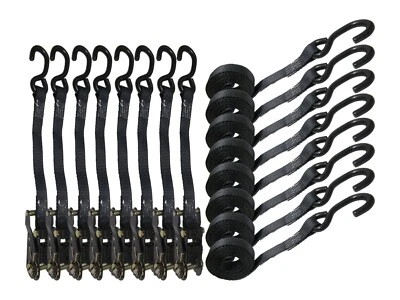 1" x 15' Black Ratchet Tie Down Strap with S Hook for Trailer ATV Cargo (8 Pack)
