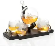 Don Vassie Globe Decanter Set 850Ml with 4 Glasses and Wooden Tray Base with Gol