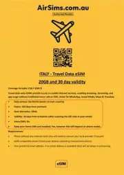 Italy Travel Data eSim 20GB with 30day validity AirSims Brand