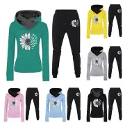 Women's Sunflower Print Fleece Lined Hoodie & Sweatpants Set Activewear For