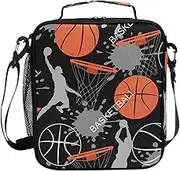 Insulated Lunch Bag Reusable Lunch Box for Office Work School Picnic Beach Basketball Black Cooler Bag with Adjustable Shoulder Strap