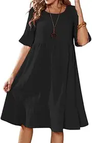 [Mywinway] Linen Dresses for Women Spring Summer Short Sleeve Swing Cotton Linne Beach Casual Loose Dress