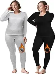 [Patelai] 2 Sets Plus Size Long Thermal Underwear for Women Fleece Lined Base Layer Pajama Top and Bottom Cold Weather(28 Plus,Black, Gray), Black, Gray