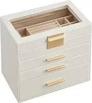SONGMICS JBC161W01 4-Tier Jewellery Box with Glass Lid 3 Drawers Sunglasses Large Jewellery Storage Christmas Cloud White Golden